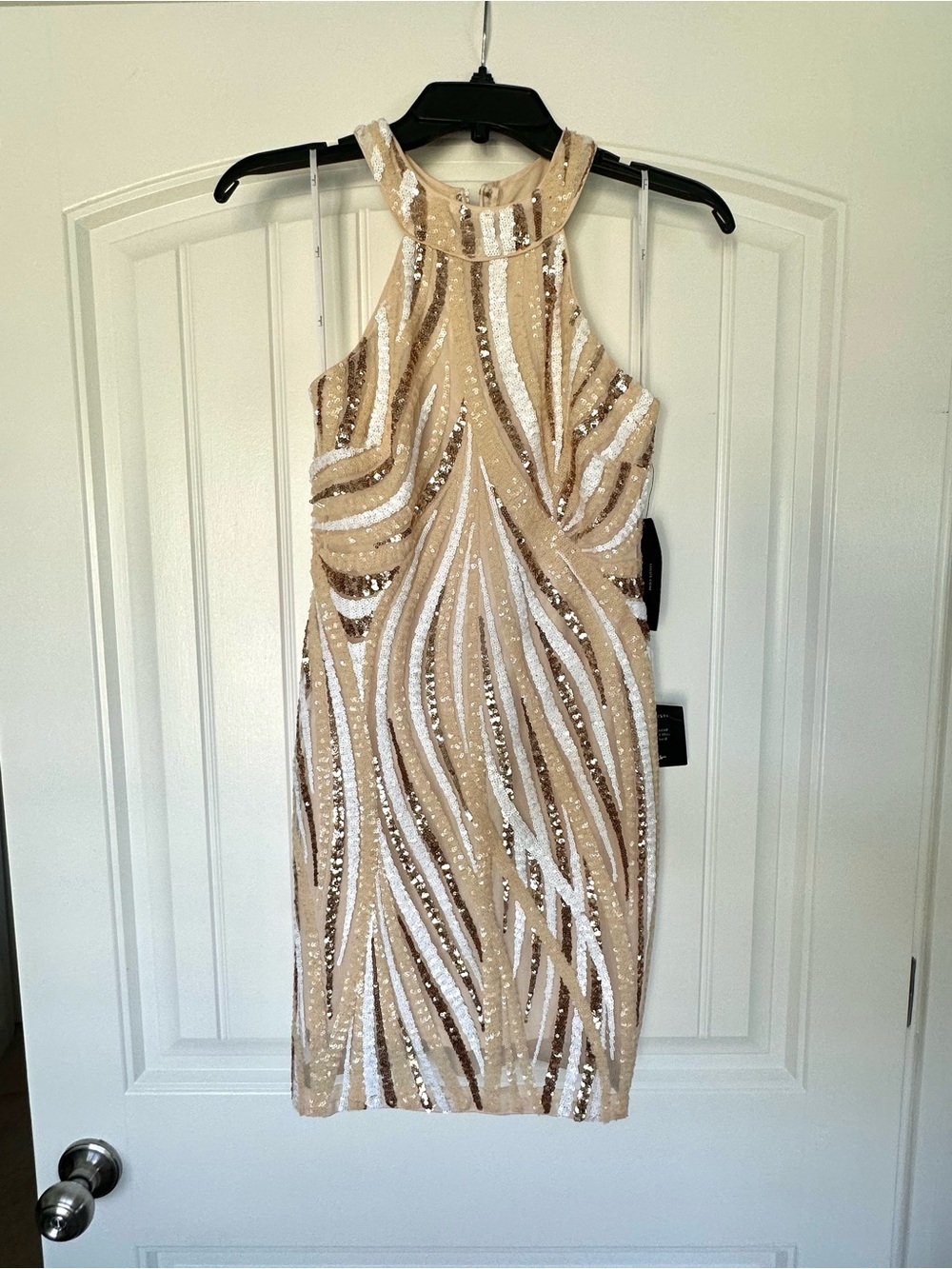 Beige and White Sequin Halter Formal Cocktail Party Mini Dress